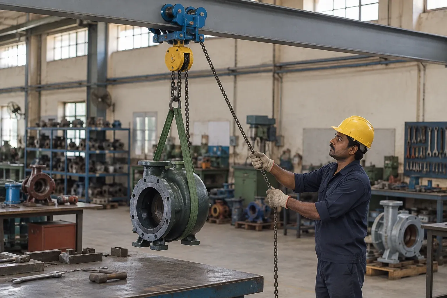 Technician moving a pump casing with a chain block on a geared trolley
